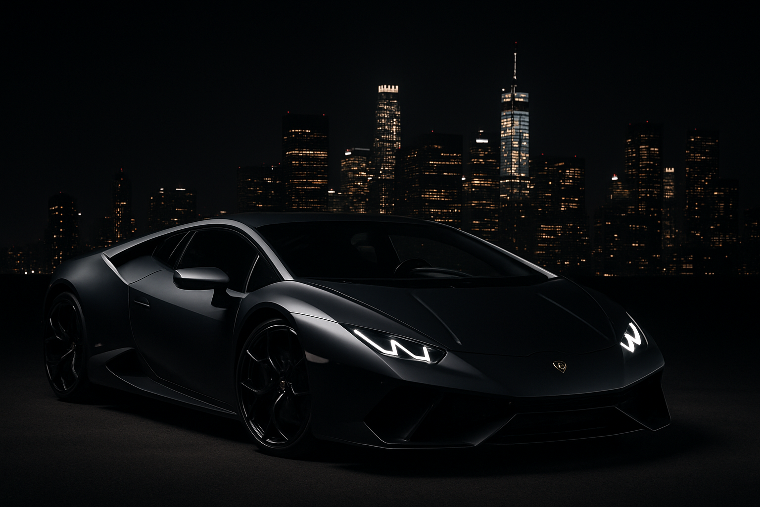 picture of lamborghini hurracan with city in the back and a black background