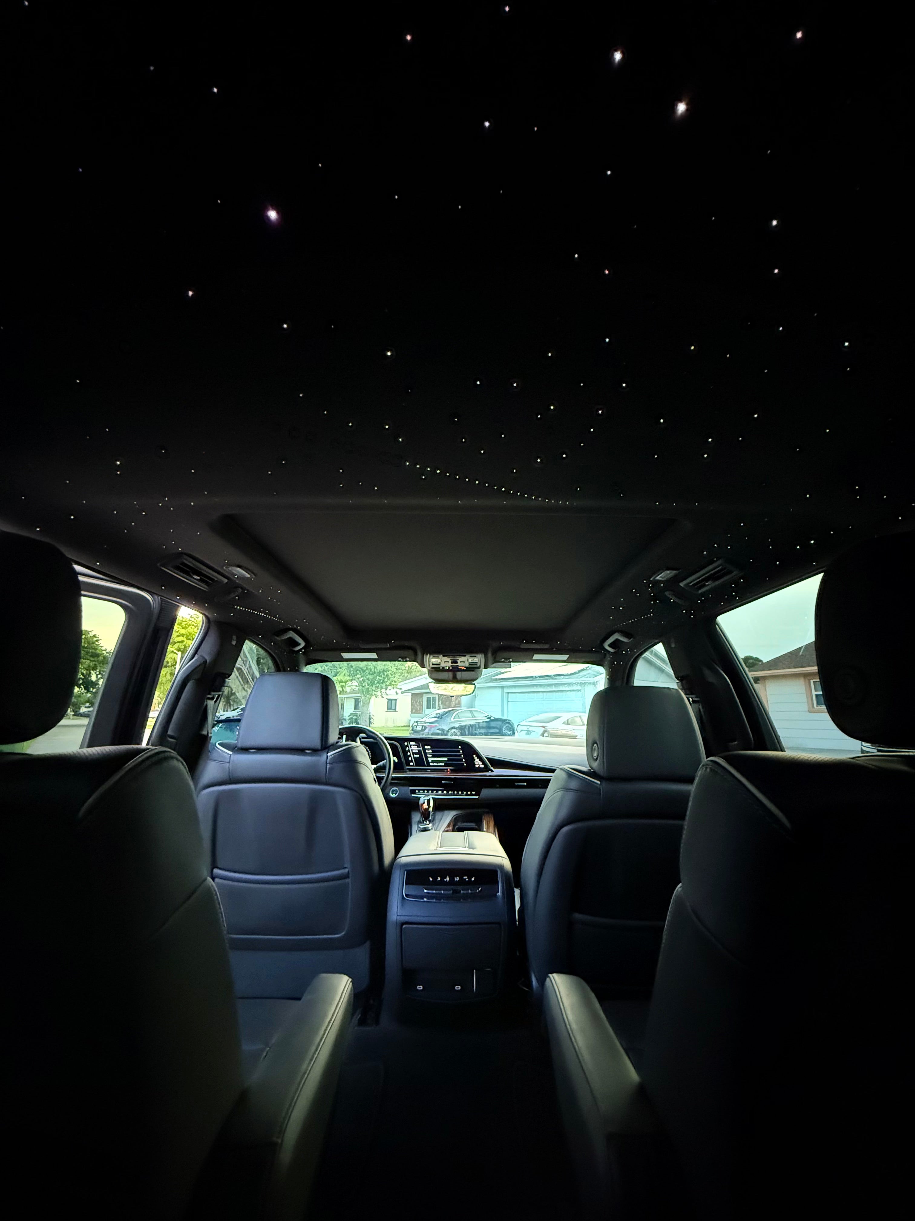 Car interior with starry sky ceiling effect