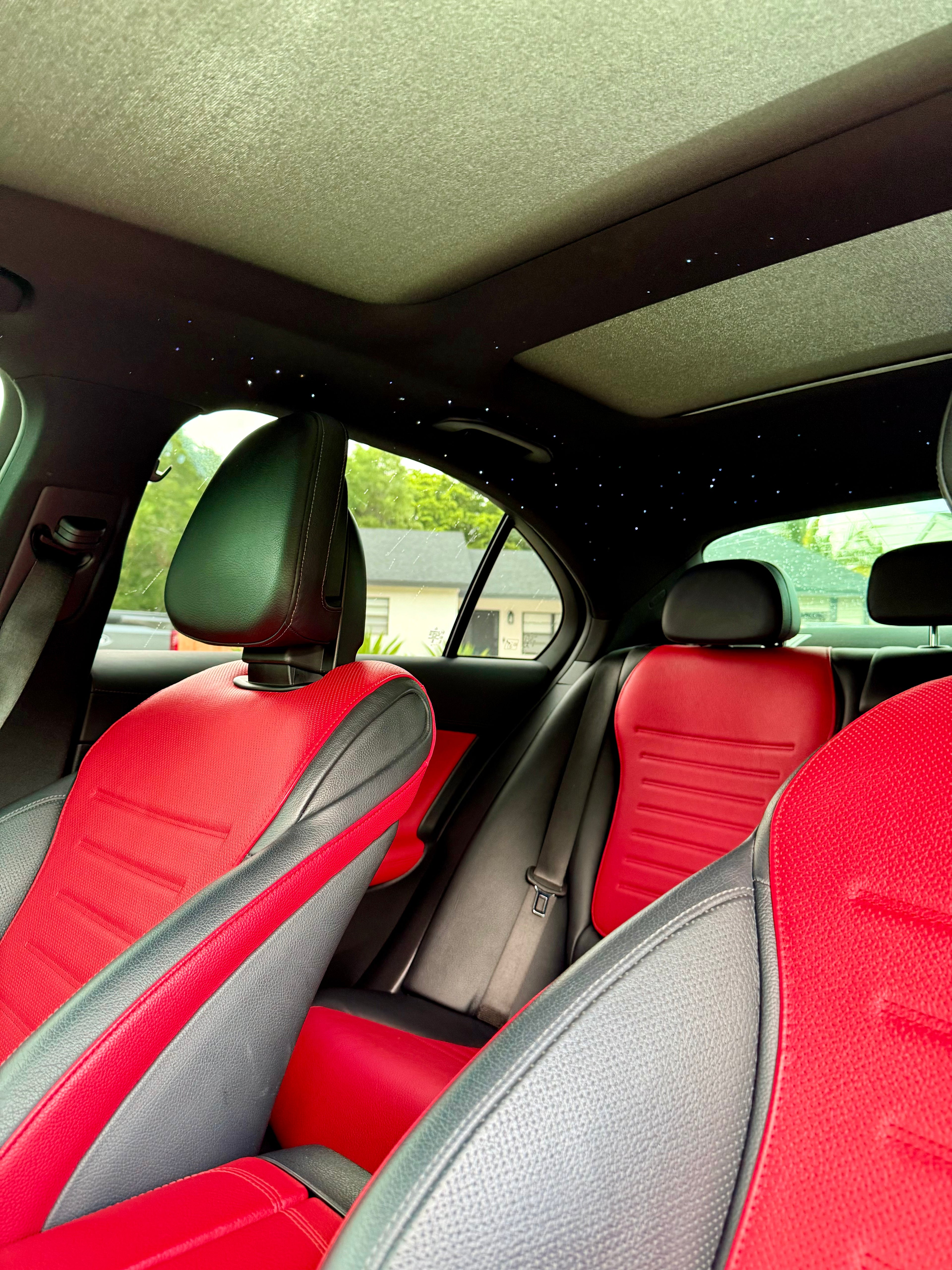Car interior with red and black seats