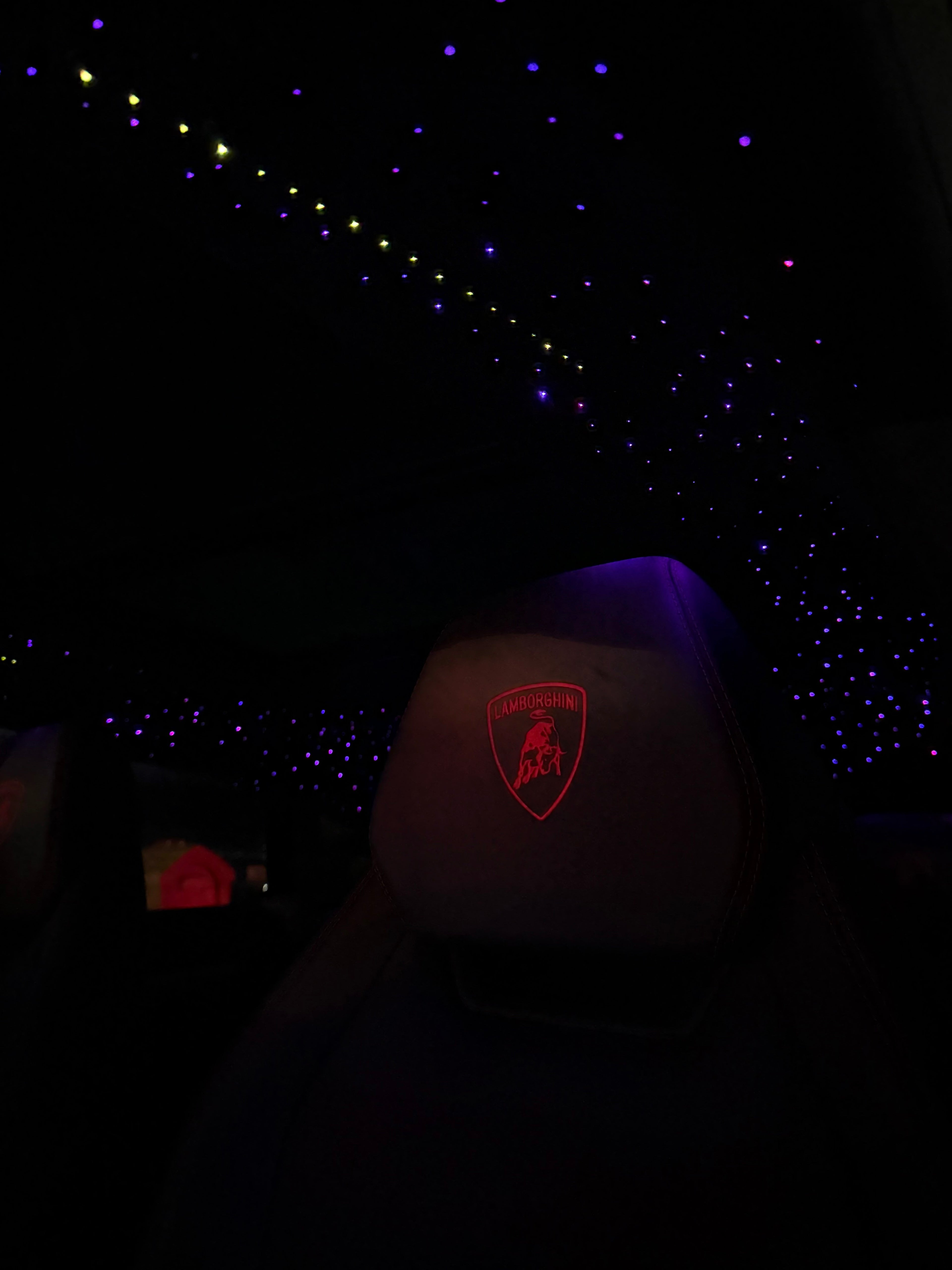 Car interior with a headrest featuring a logo under a starry night sky.
