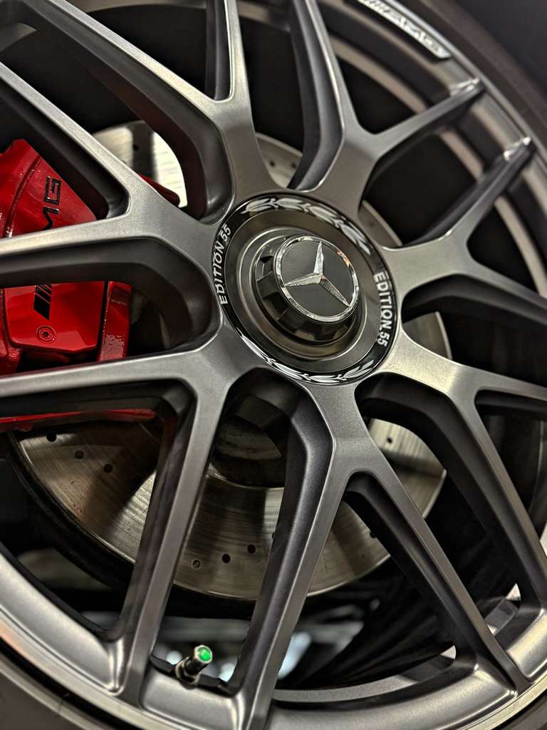 Close-up of a Mercedes-Benz wheel with red brake caliper